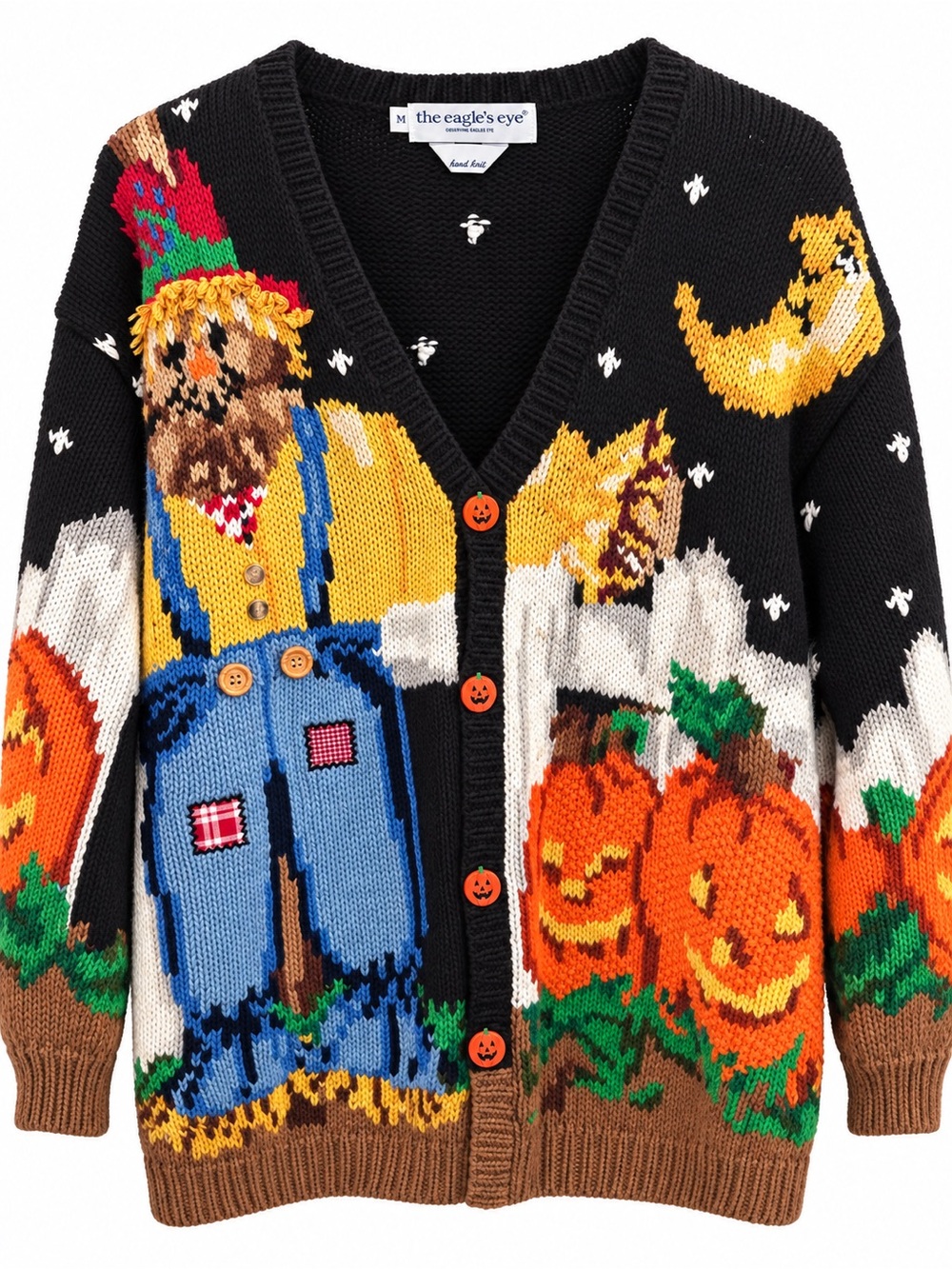 The Eagle's Eye Vintage 1993 Black Halloween Scarecrow Knit Cardigan Sweater- M